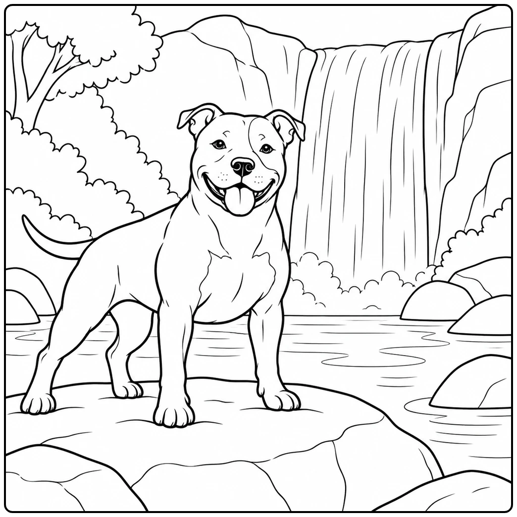 Happy Staffordshire Terrier stands on a wide rock beside a tall forest waterfall