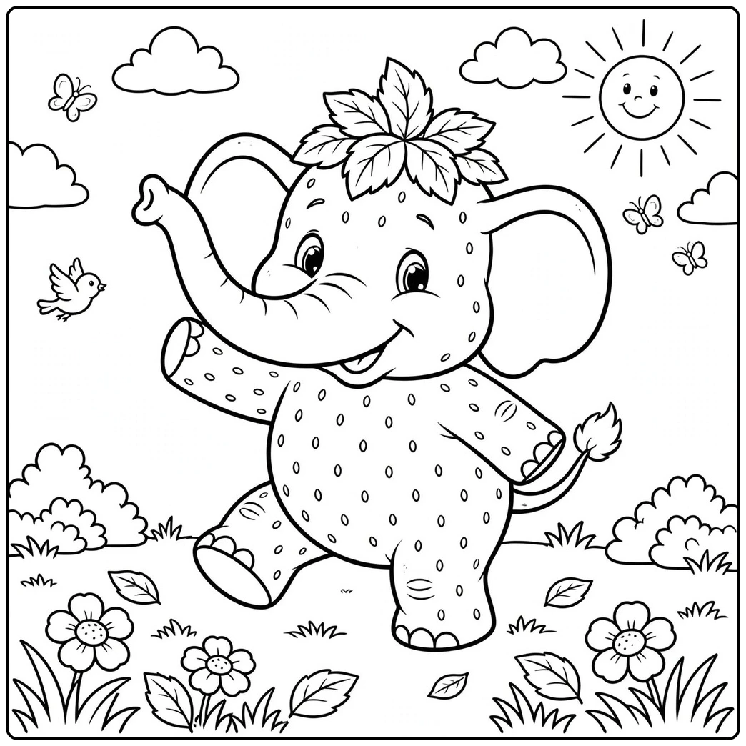 Running Strawberry Elephant with leafy crown, flowers, birds, butterflies, and smiling sun