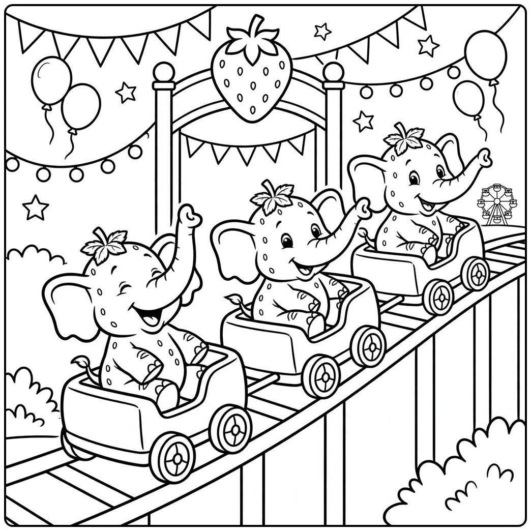 Three Strawberry Elephants ride separate roller coaster cars beneath festive park decorations