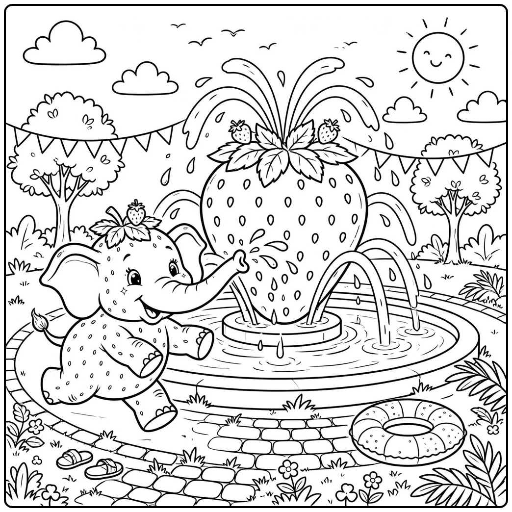 Water sprays from a berry fountain in this strawberry elephant coloring page with a happy calf