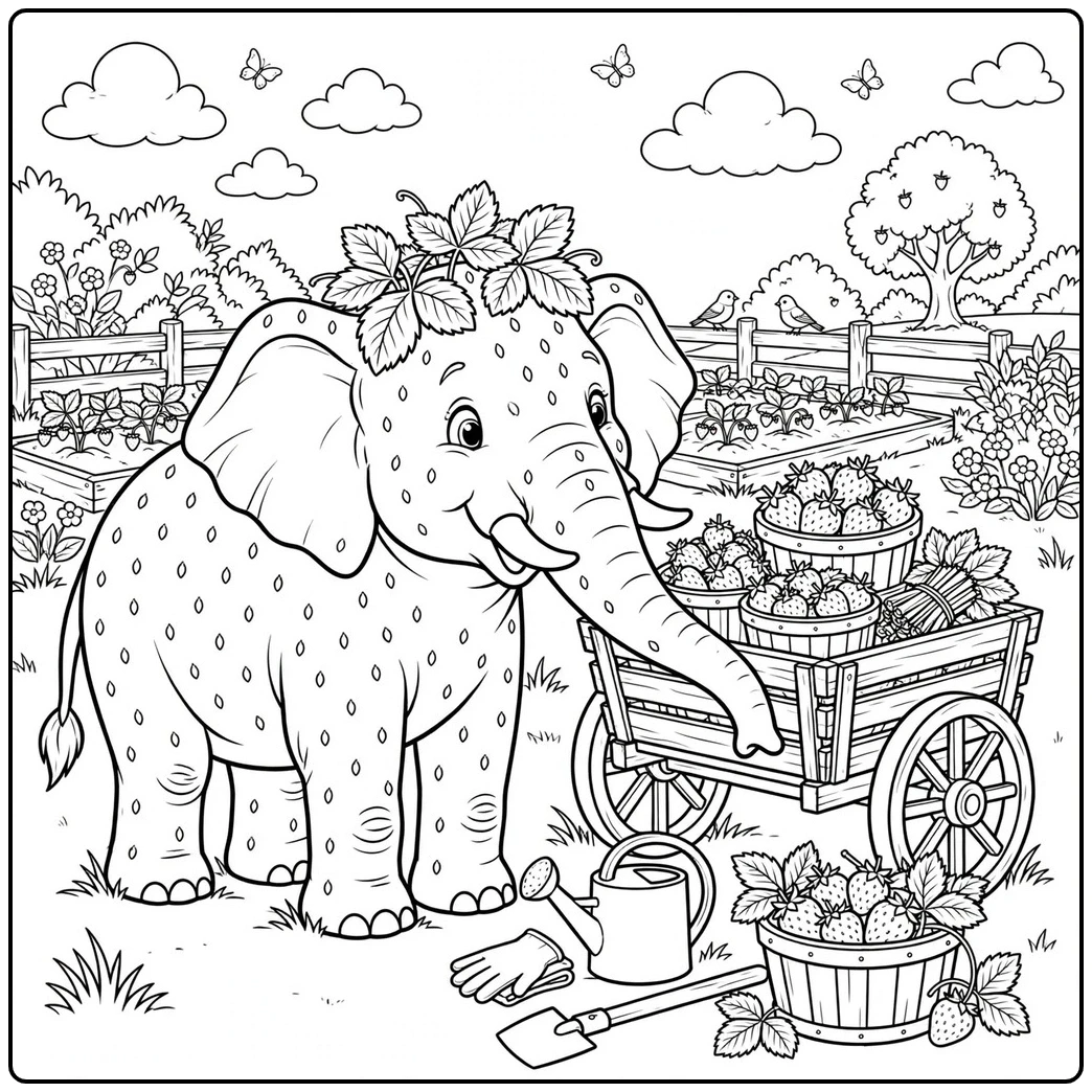 Farm harvest scene in a strawberry elephant coloring page with a wagon full of berries