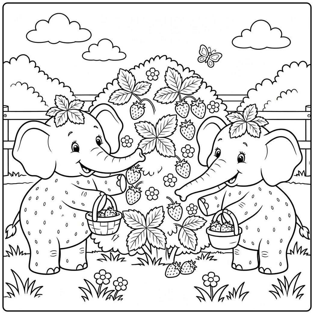 Two Strawberry Elephants pick ripe berries from a bush while carrying small harvest baskets