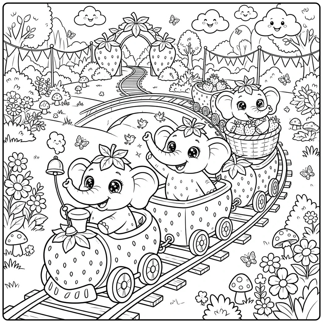Three riders travel on a berry train in this strawberry elephant coloring page garden scene