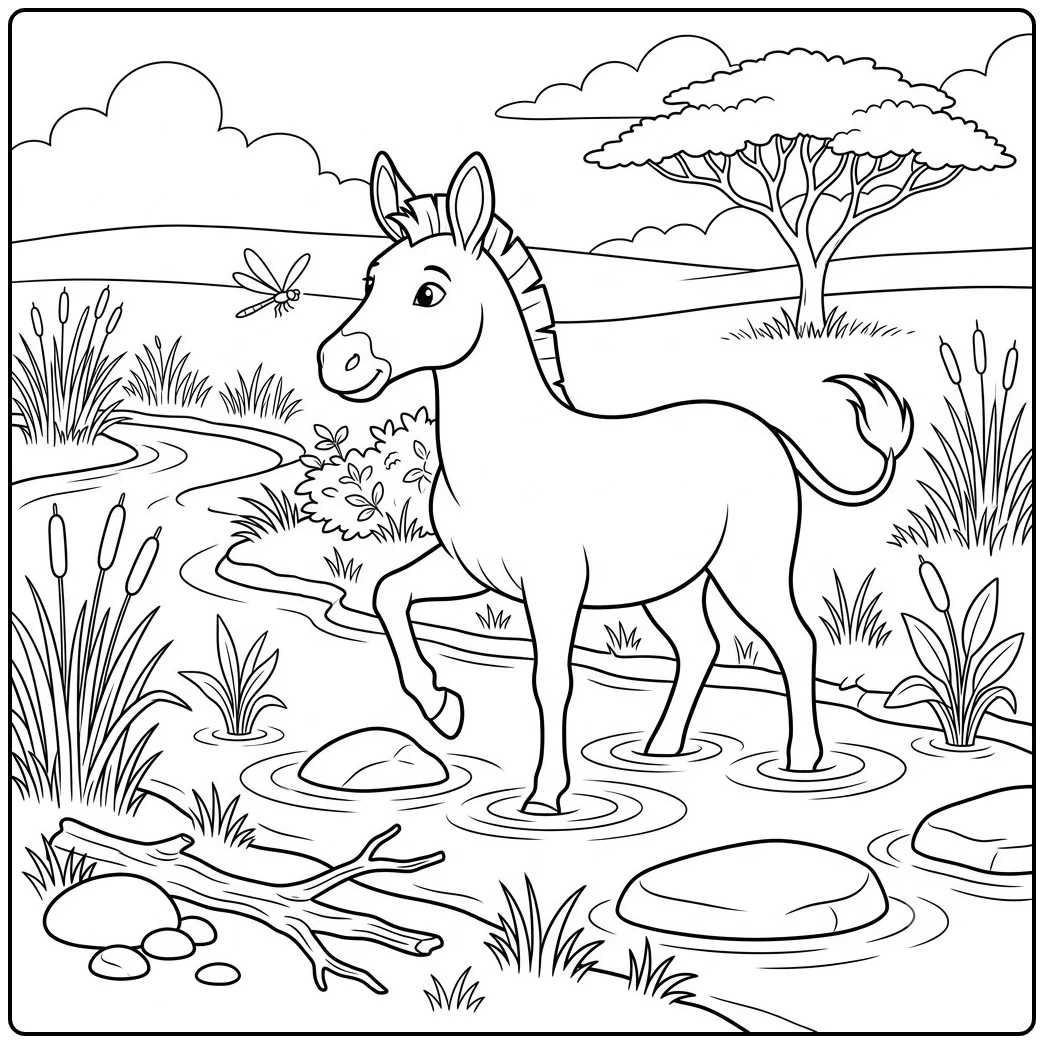 Stripe-free zebra steps through a shallow stream with reeds, rocks, and an acacia tree
