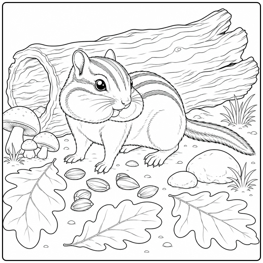 Striped chipmunk beside a fallen log with scattered nuts, large leaves, and forest stones