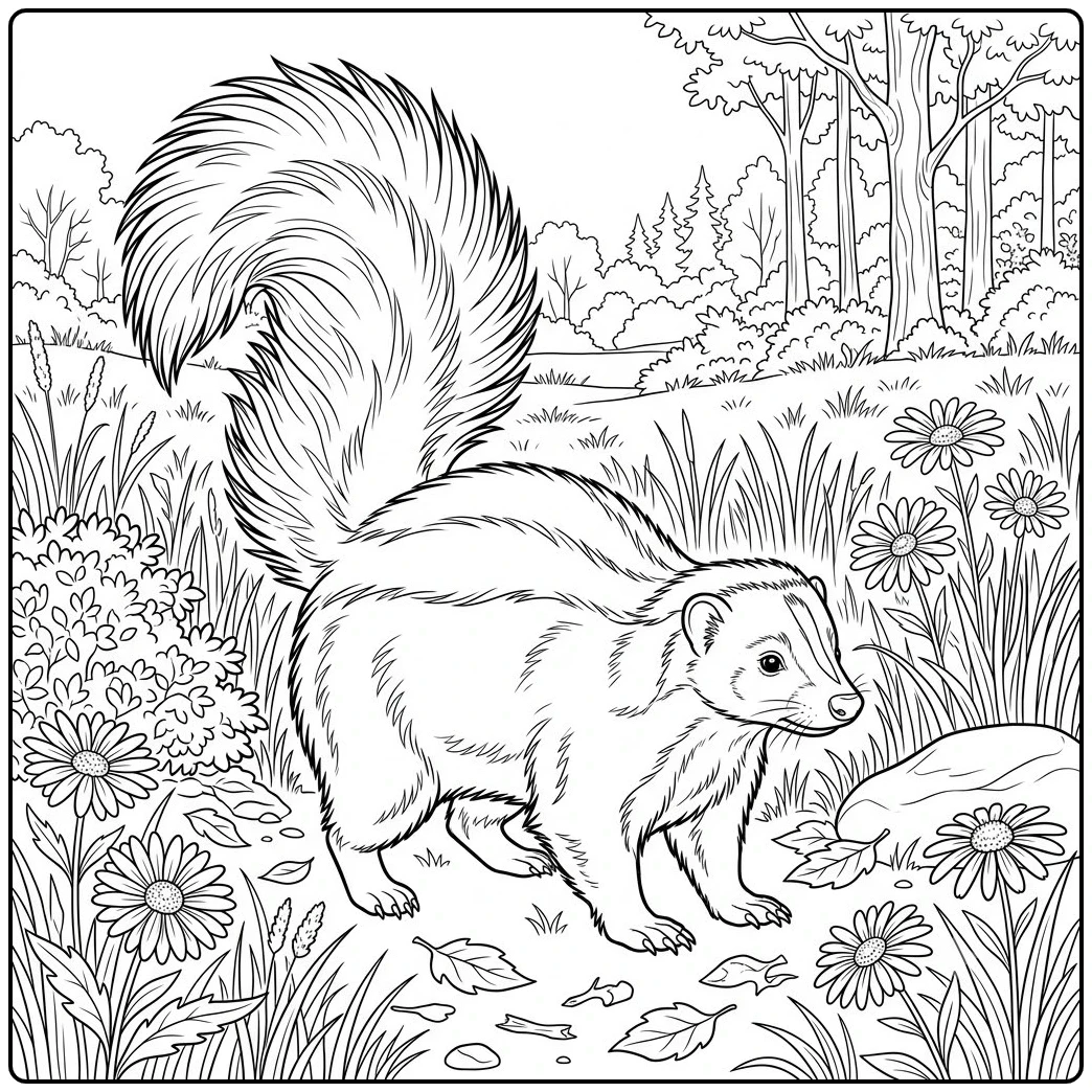 Striped skunk walks through a flower-filled meadow beside tall grass and woodland trees