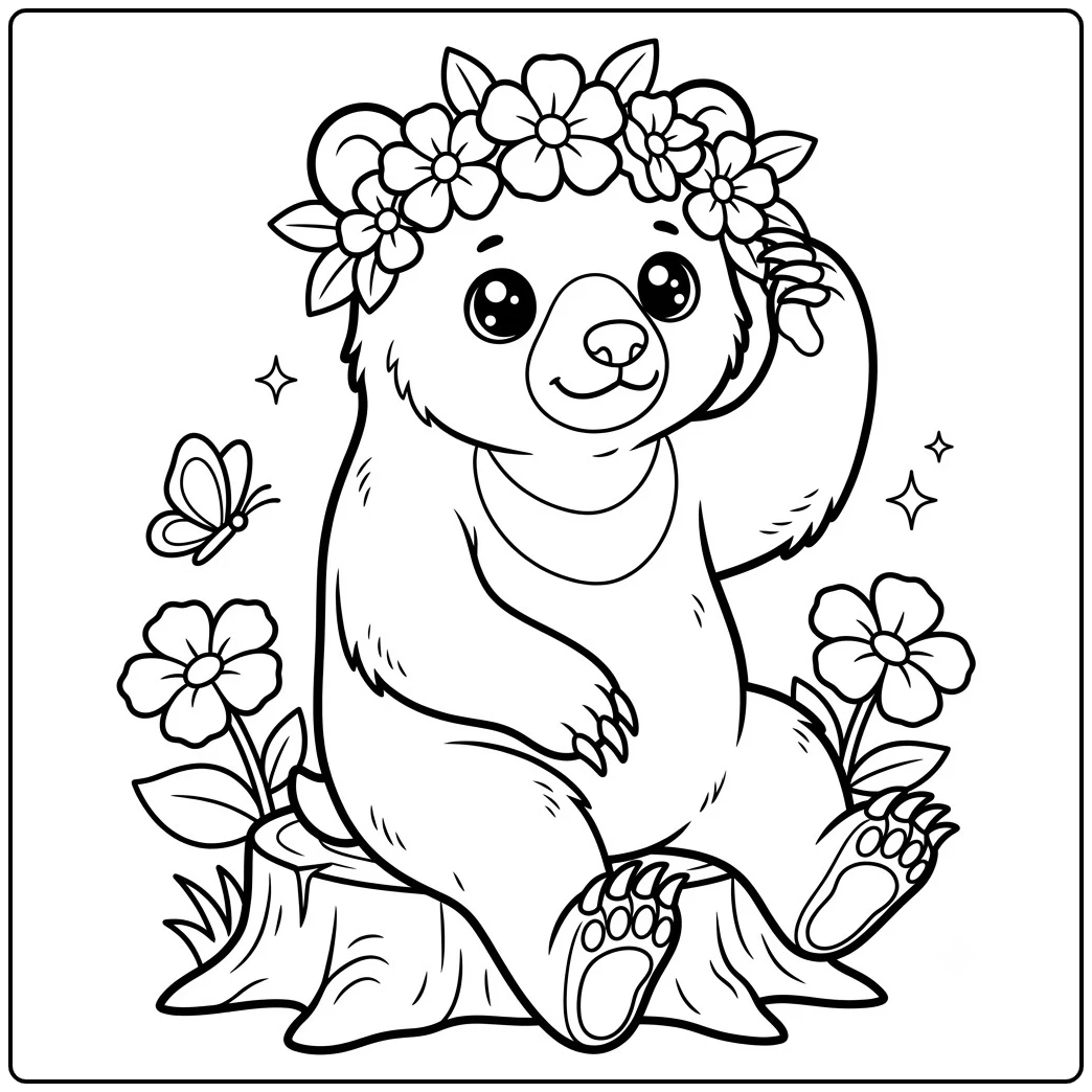 Sun bear in a flower crown sits on a stump among blossoms, a butterfly, and sparkles.