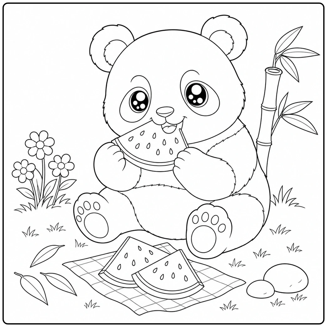 Little panda sitting outdoors on a picnic mat munching a juicy slice of watermelon.