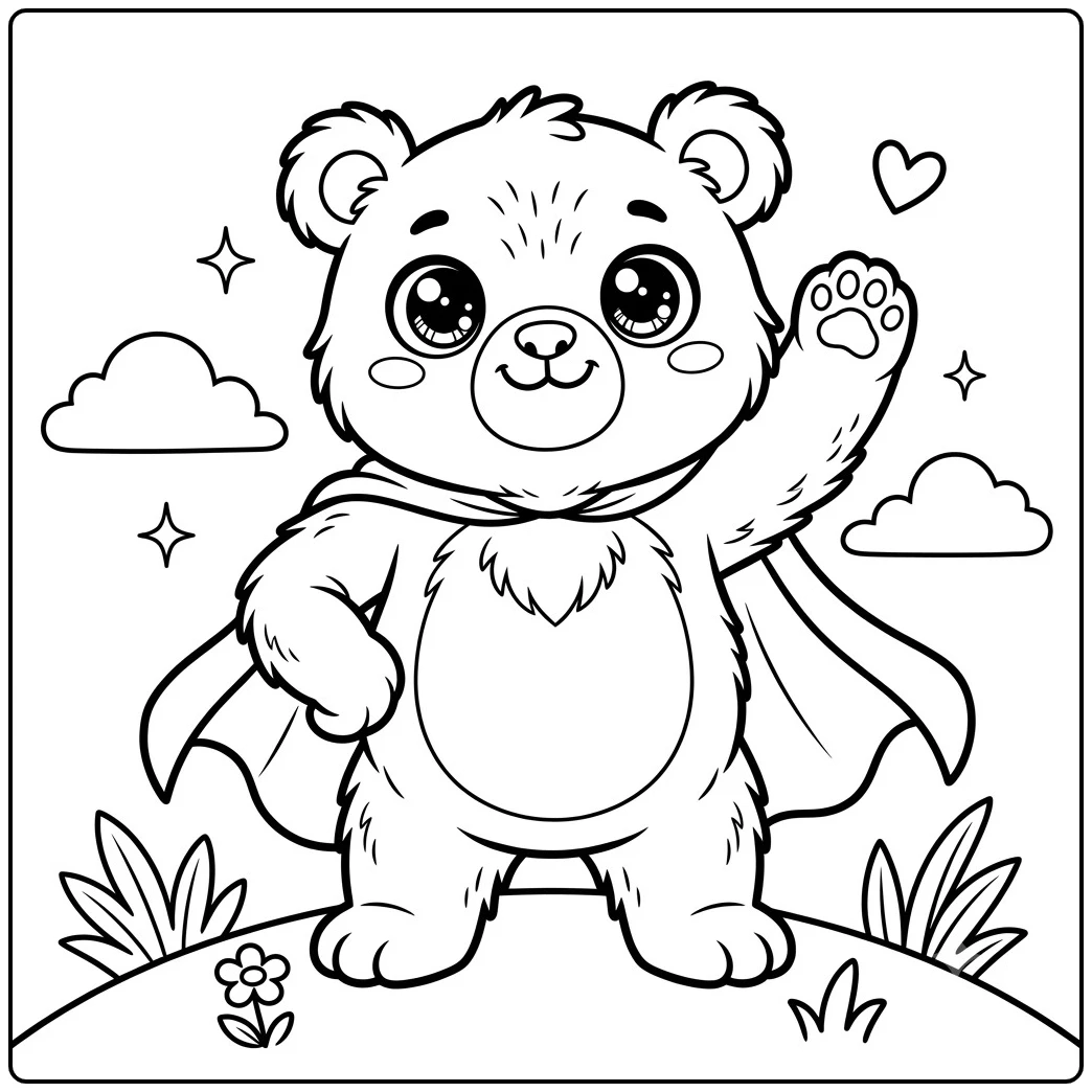 Caped bear waves proudly from a grassy hill with clouds, hearts, and sparkling accents.