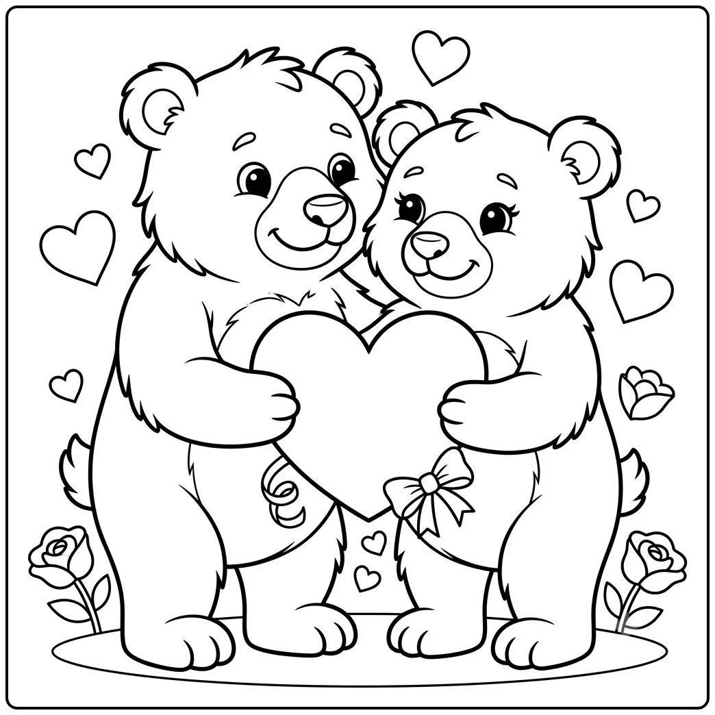 Two bears embrace a large heart surrounded by roses and small hearts
