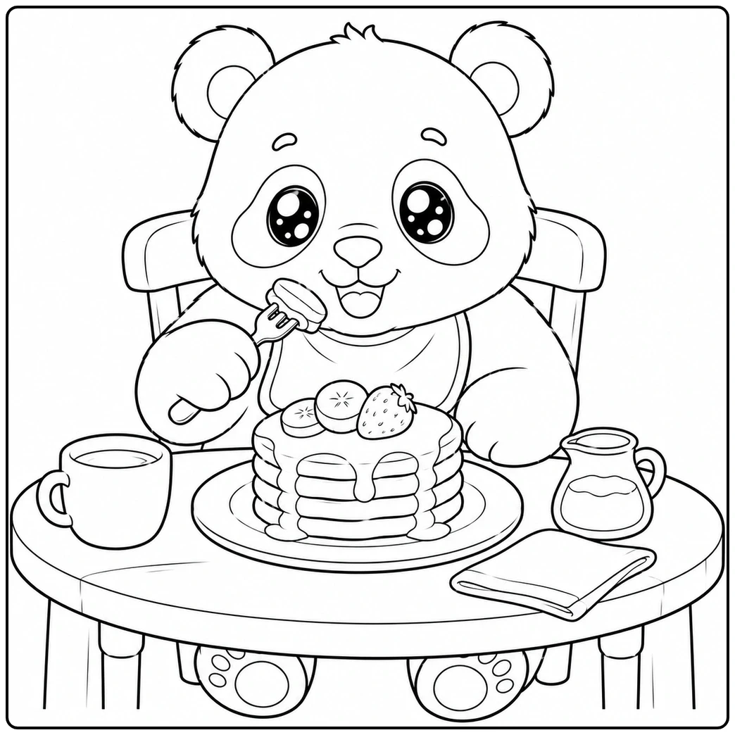Enjoy coloring a cute bear eating fruit pancakes on this kawaii panda coloring page sheet.