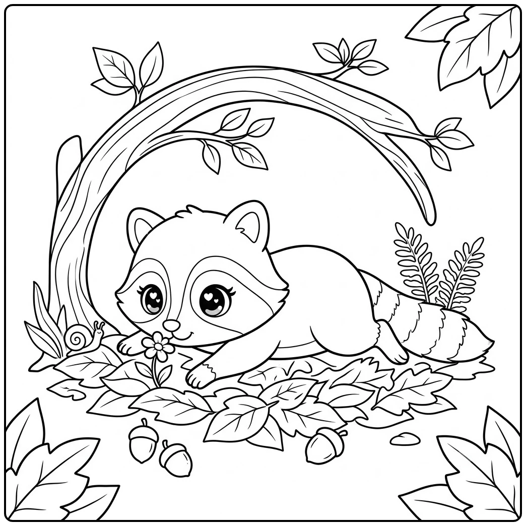 Big-eyed raccoon sniffs a tiny flower beneath a curved branch beside a snail