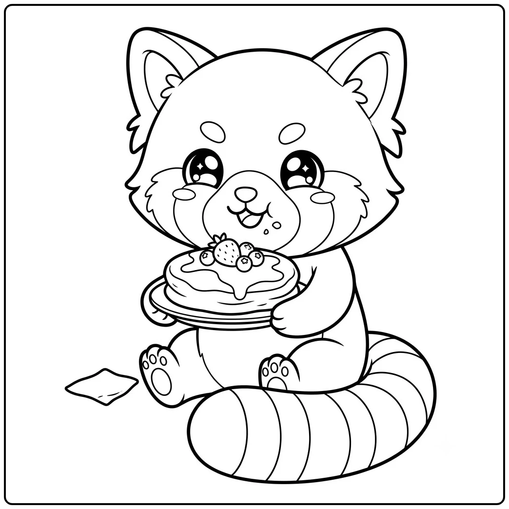 Big-eyed red panda holding a pancake topped with berries on a plate
