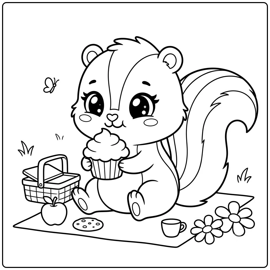 Picnic scene on a cute skunk coloring page with a cupcake, basket, apple, and flowers