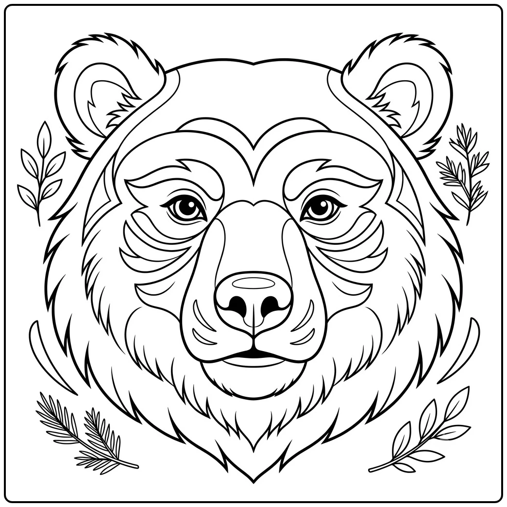 Front-facing bear portrait with layered facial markings and small leafy branches around it.