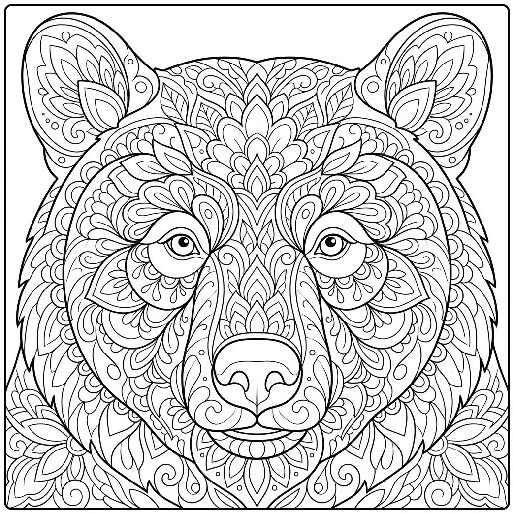 Front-facing black bear portrait filled with symmetrical mandala patterns