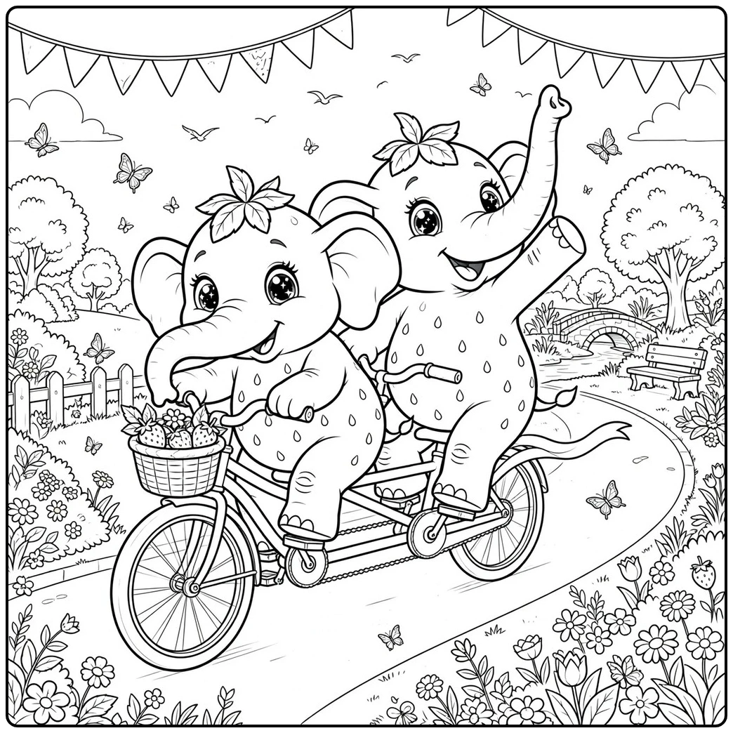 Two Strawberry Elephants pedal a tandem bicycle past flowers, butterflies, and a bridge