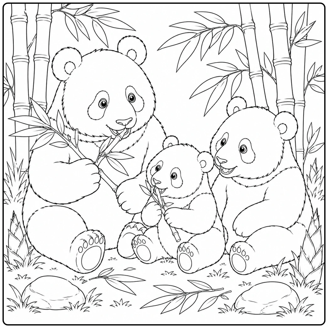 Create art with this panda family coloring page featuring an adult and two cubs eating bamboo.