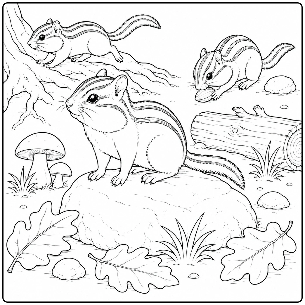 Three chipmunks explore a woodland scene, each posing differently near rocks and a log