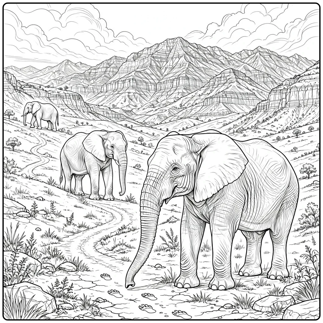 Three elephants stand across a mountain valley beneath layered rocky peaks