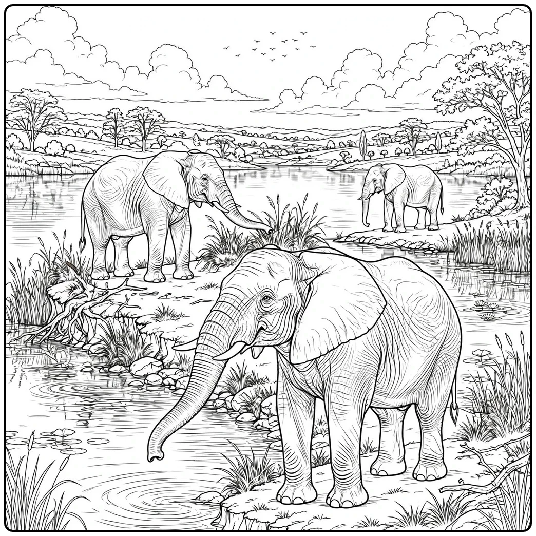 Three elephants gather around a broad lake with reeds, trees, and distant hills