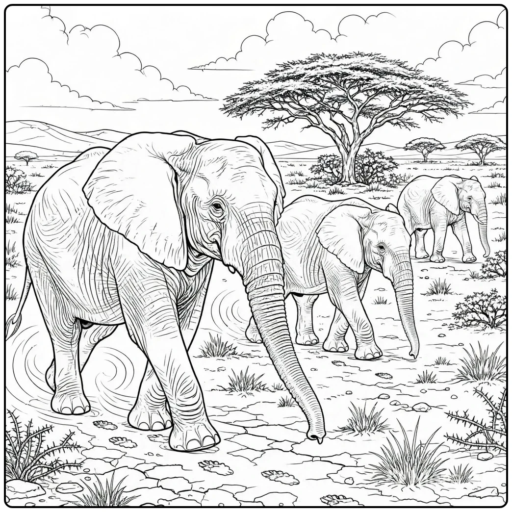 Three elephants cross a savanna on this realistic elephant coloring page with acacia trees