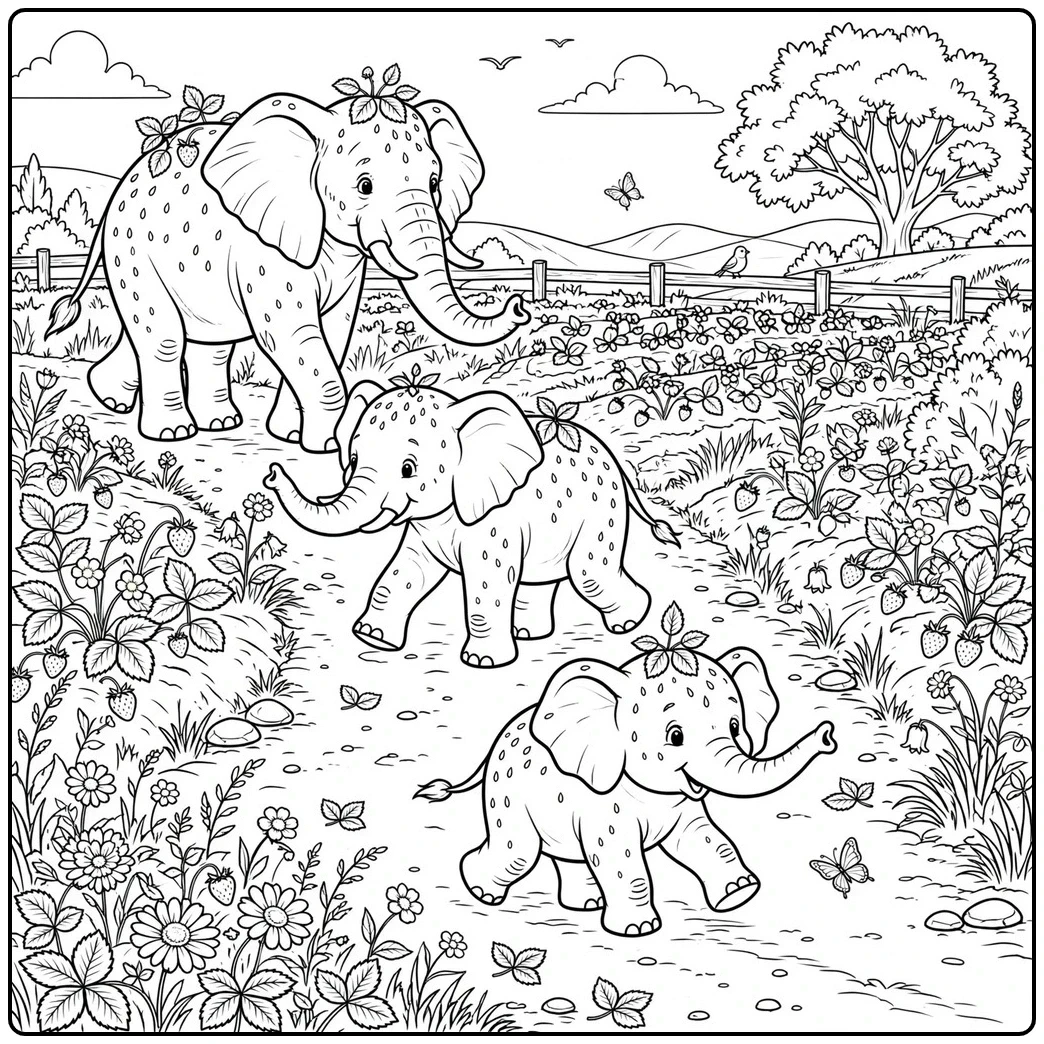 Three Strawberry Elephants stroll along a detailed berry field path filled with flowers