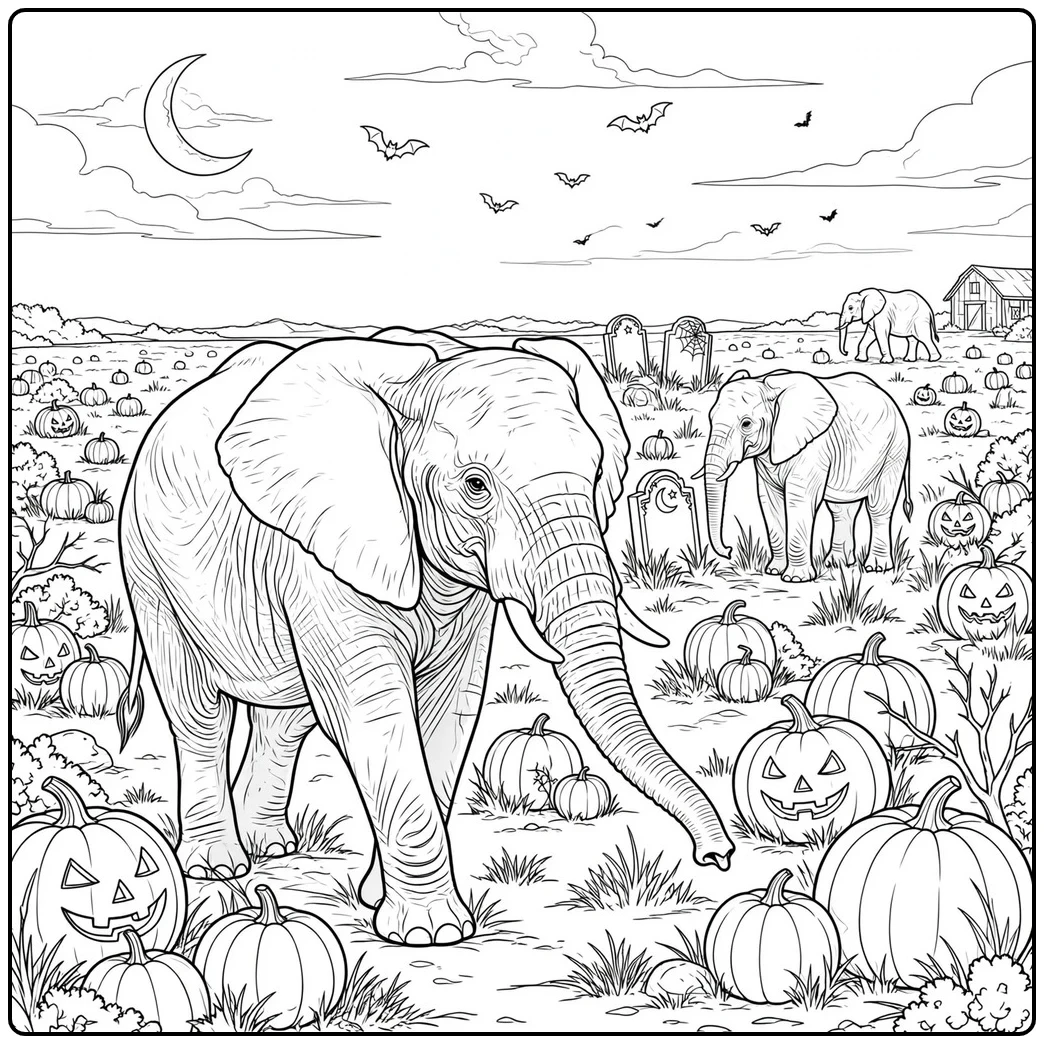 Three elephants cross a halloween elephant coloring page filled with pumpkins and bats