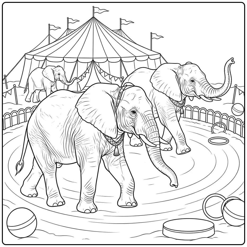 Three elephants march through a circus ring with a striped tent and performance props
