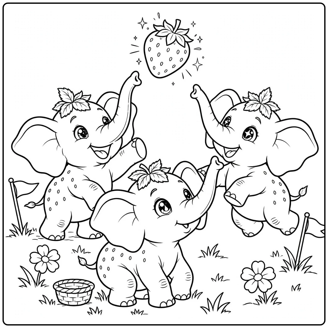 Three friends toss a berry in this strawberry elephant coloring page with raised trunks