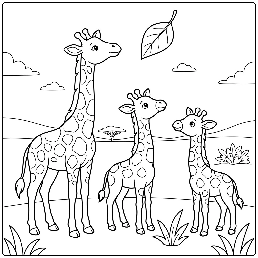 Three young giraffes look up at a floating leaf across a simple savanna landscape
