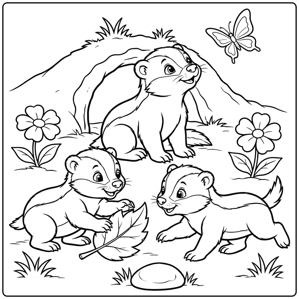 Three young honey badgers gather by a burrow, with one pawing at a large leaf.