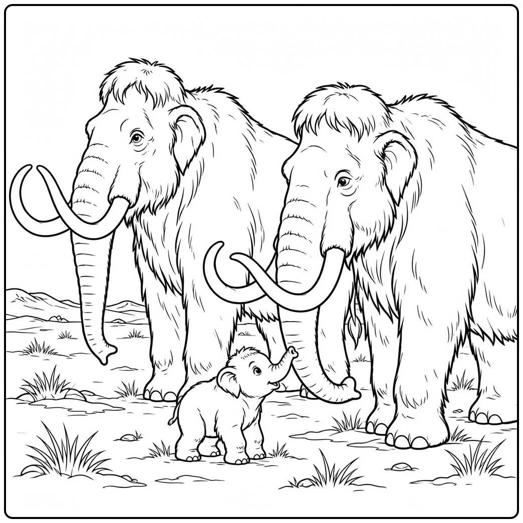 Two shaggy adult mammoths stand around a tiny calf on an open prehistoric plain