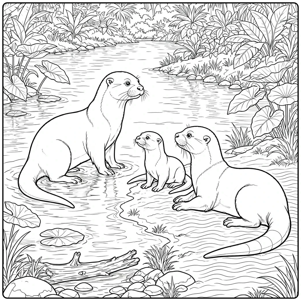 Three otters gather beside a tropical stream framed by broad leaves and rocks.