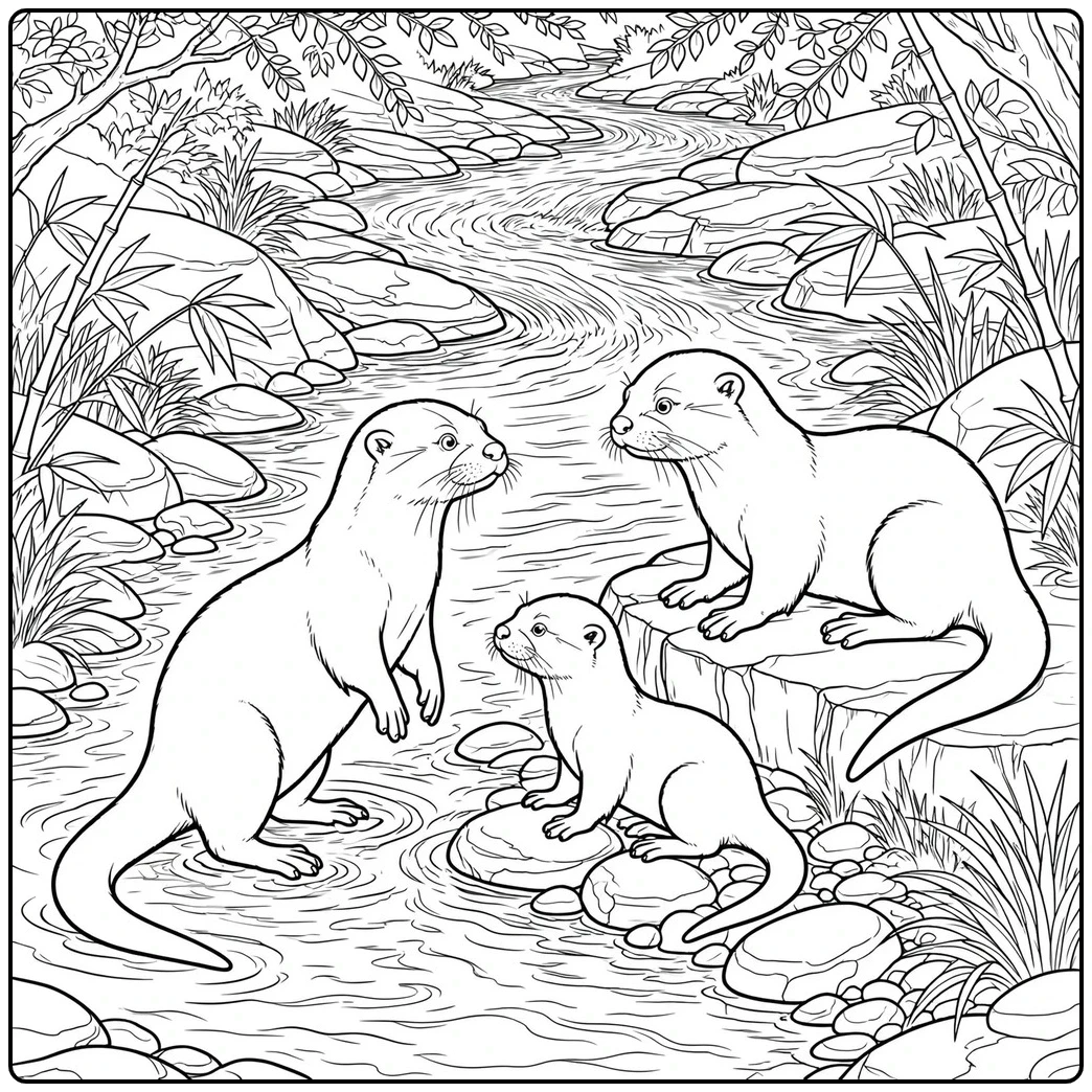 Three otters gather on rocks beside a winding stream lined with leafy plants.