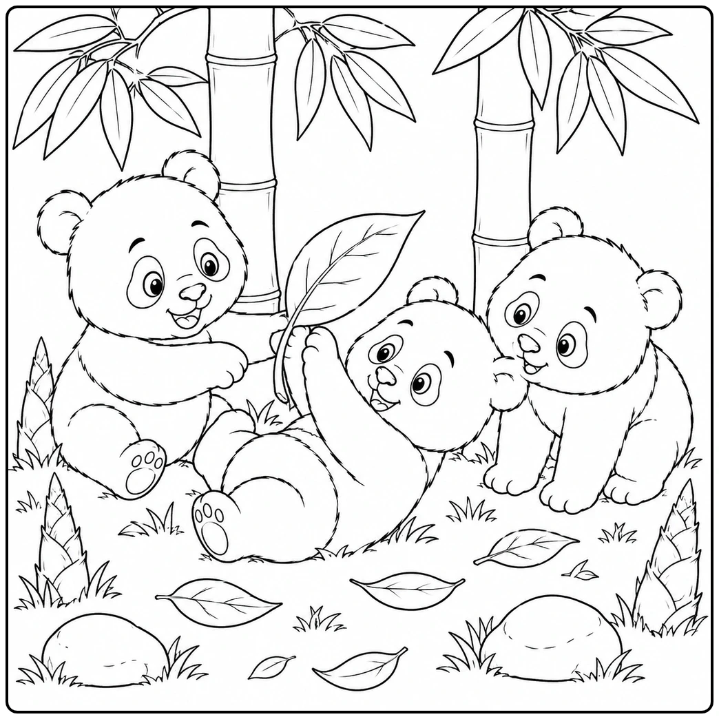 Three young pandas play with a large leaf among bamboo shoots and scattered leaves