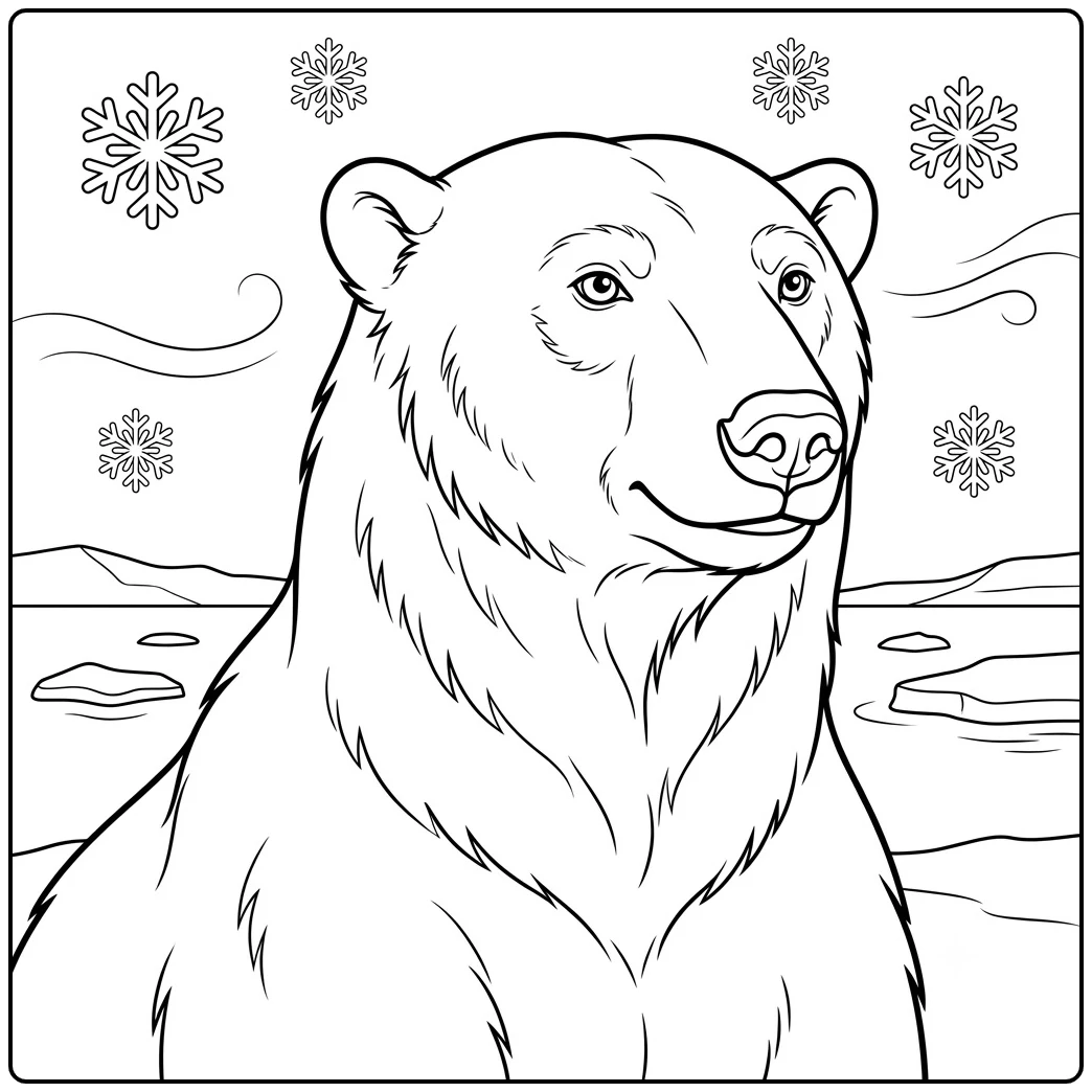 Three-quarter polar bear portrait with snowflakes, Arctic ice, and flowing winter wind