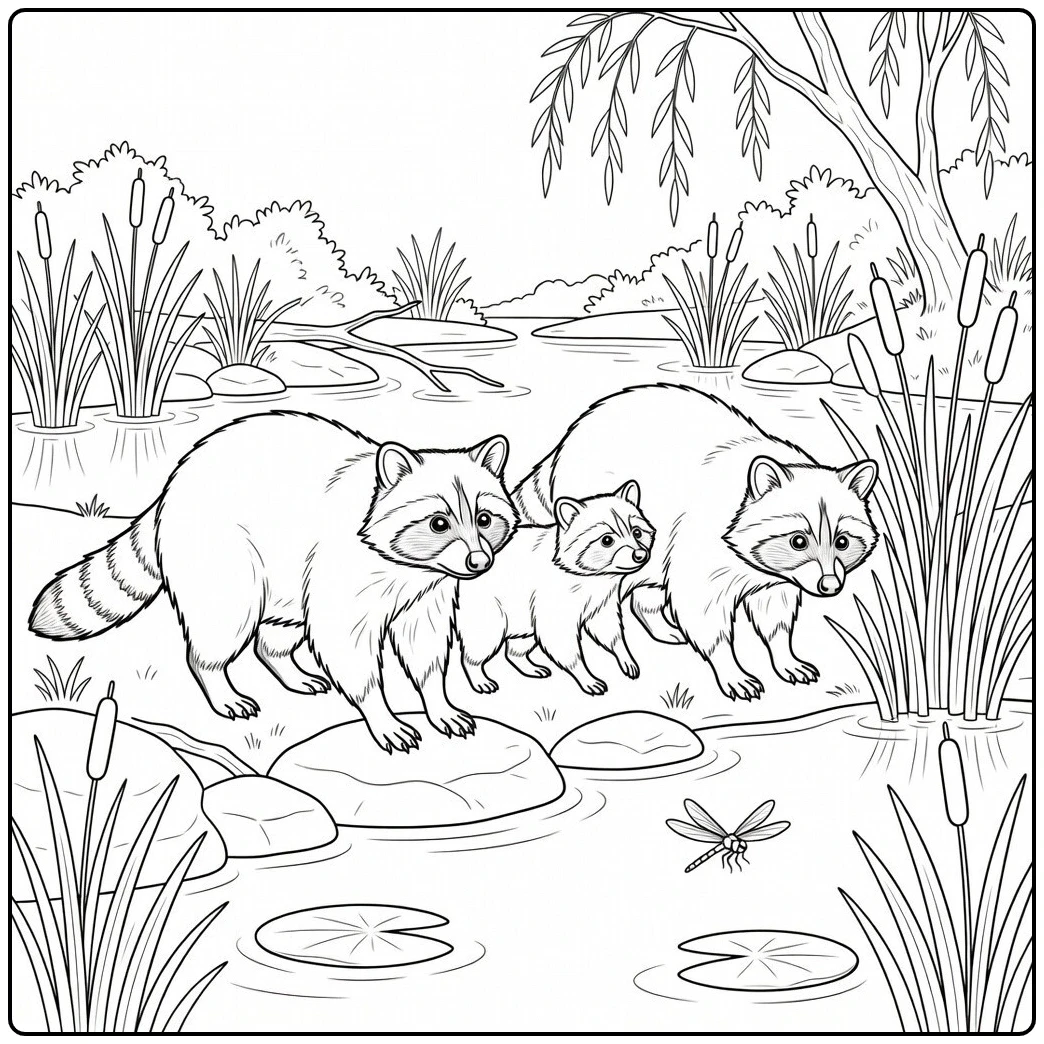 Three raccoons gather at a pond edge among cattails, lily pads, and smooth rocks