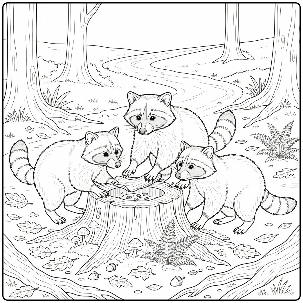 Three raccoons gather at a stump in a raccoon coloring page for adults woodland scene
