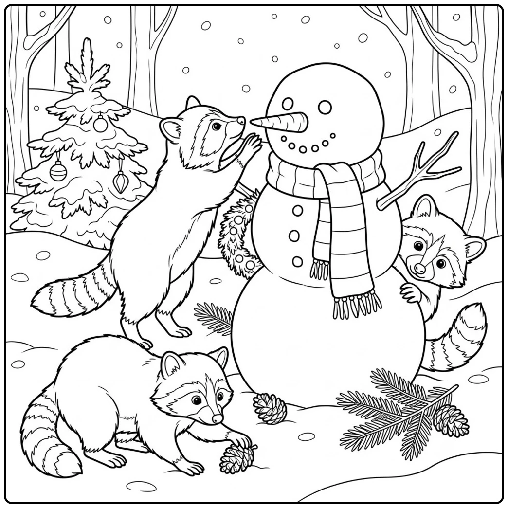 Three raccoons play around a snowman in this christmas racoon coloring page