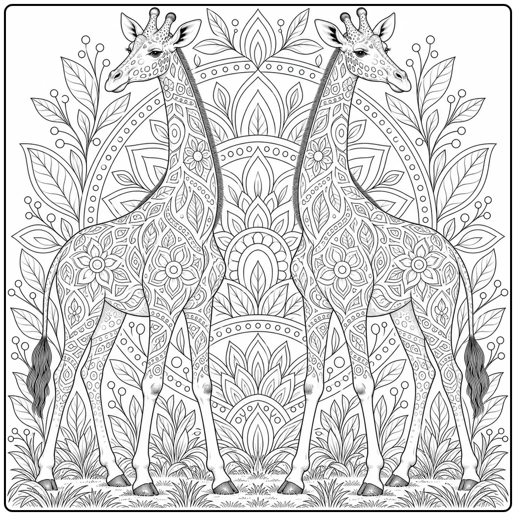 Two ornate giraffes stand symmetrically among floral mandala leaves and geometric patterns
