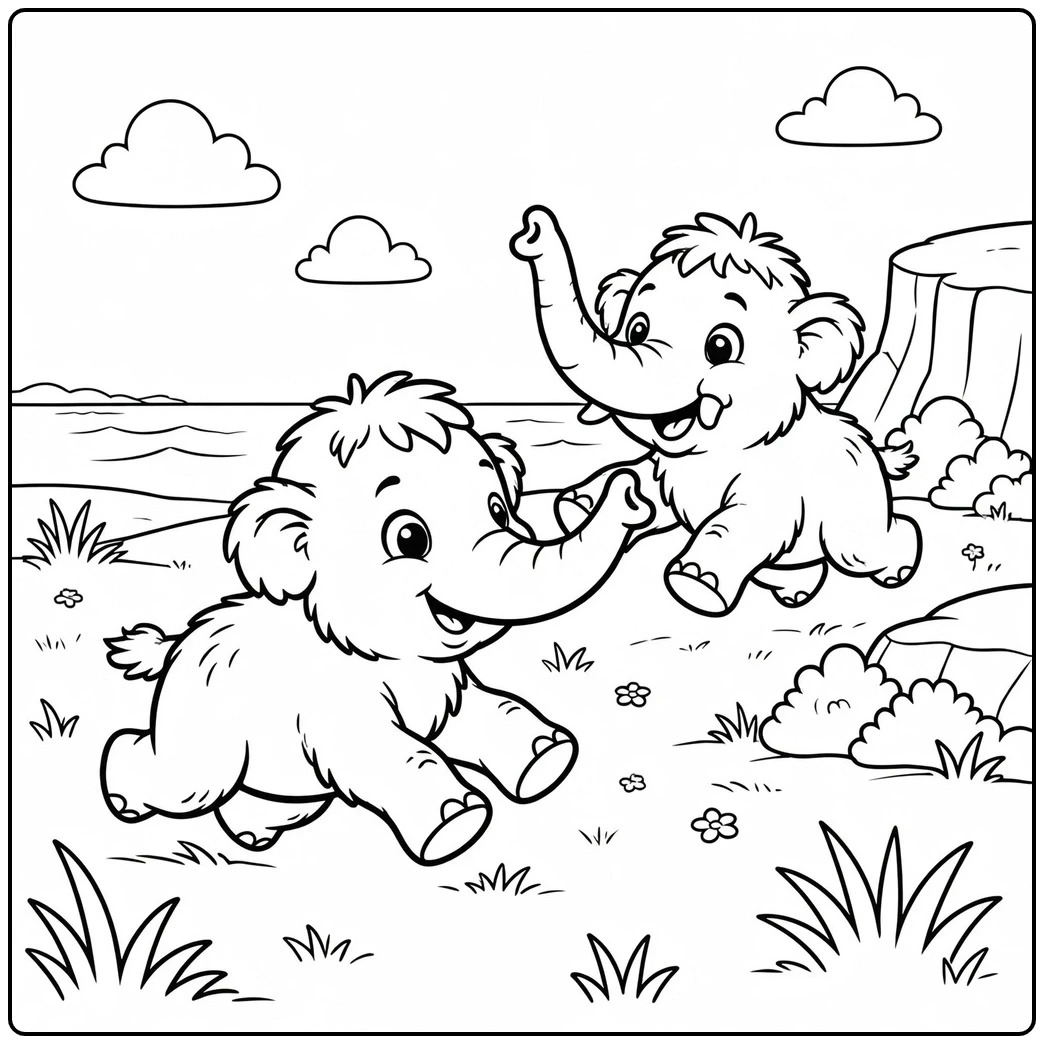 Two young mammoths race across an island meadow beside cliffs and the sea