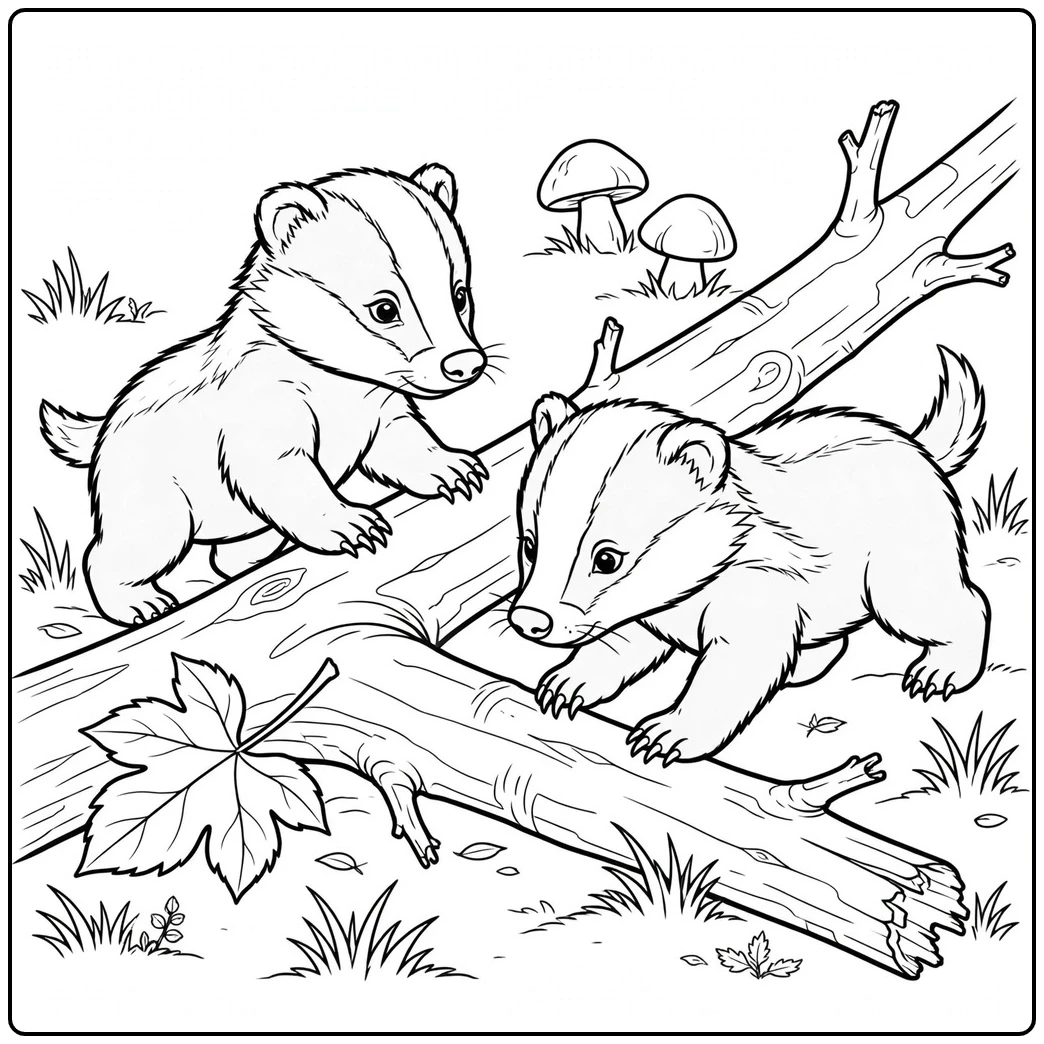 Two badger cubs clamber around a fallen log in a grassy woodland clearing.