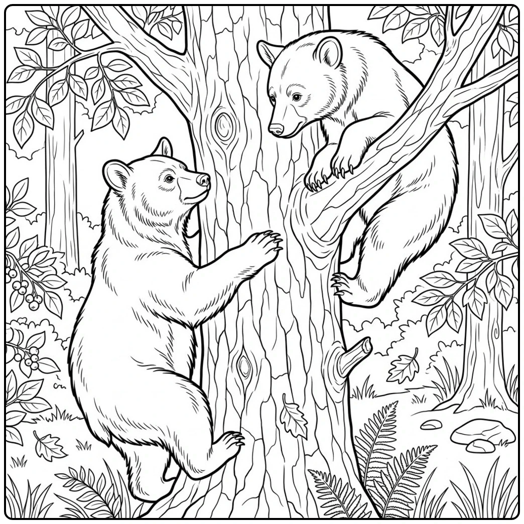 Two bears climb a forest tree, with one reaching upward toward a bear on a branch.