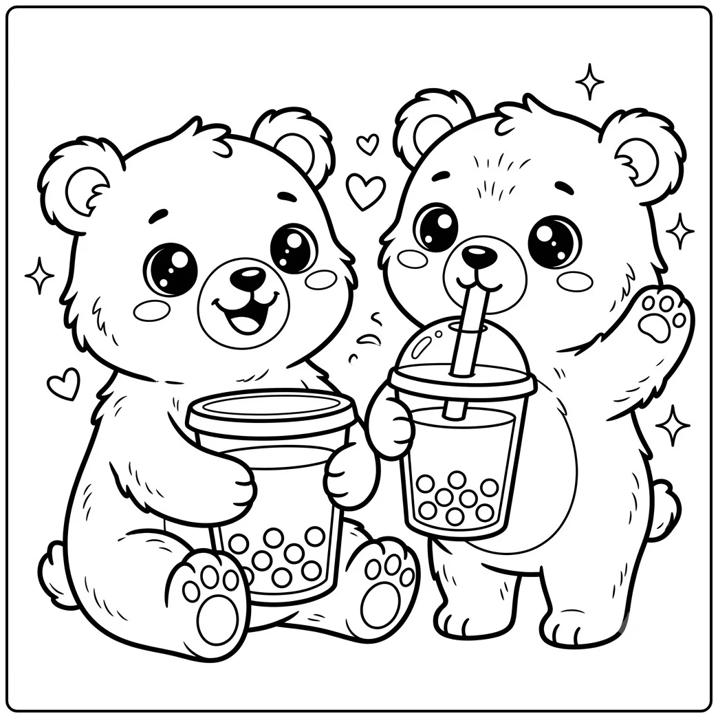 Two fluffy bears sip boba with sparkling eyes in cute and kawaii bear coloring pages.