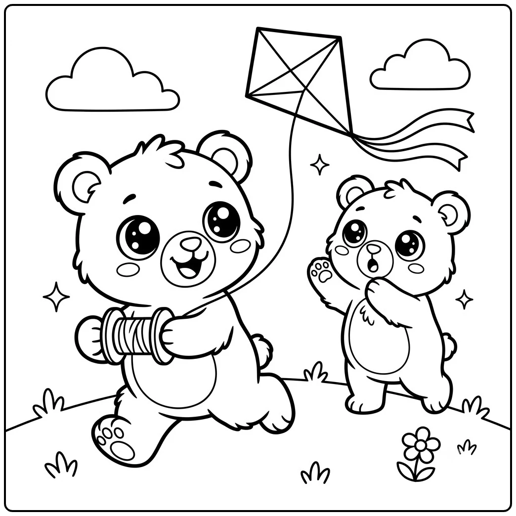 Two young bears fly a large kite together across a simple grassy hill under clouds.