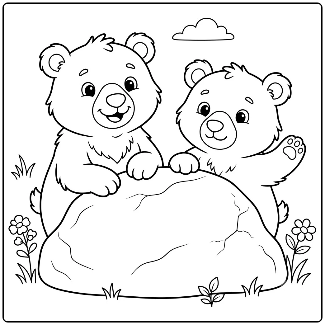 Two friendly bears peek over a large rock, with one raising its paw in greeting.