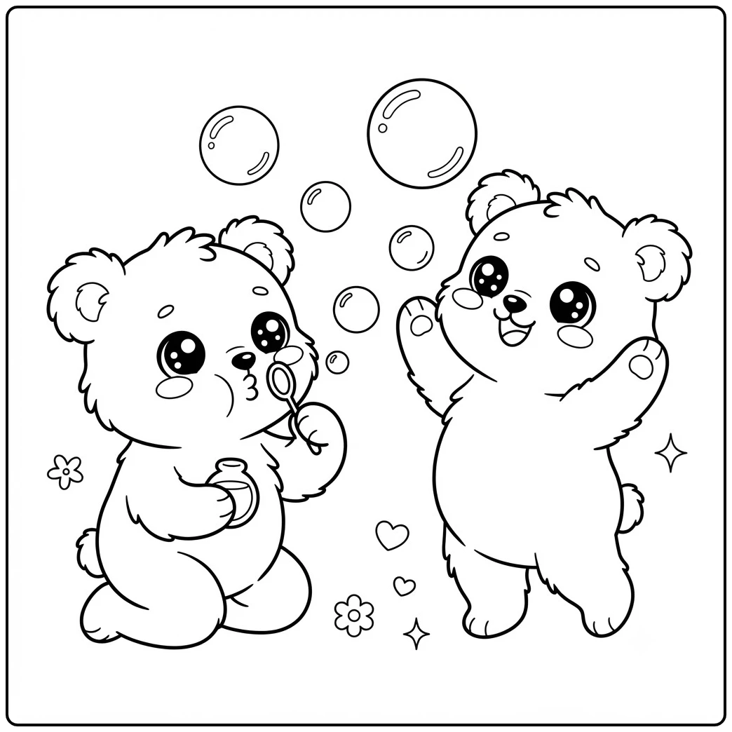 Sun bear in a flower crown sits on a stump among blossoms, a butterfly, and sparkles.