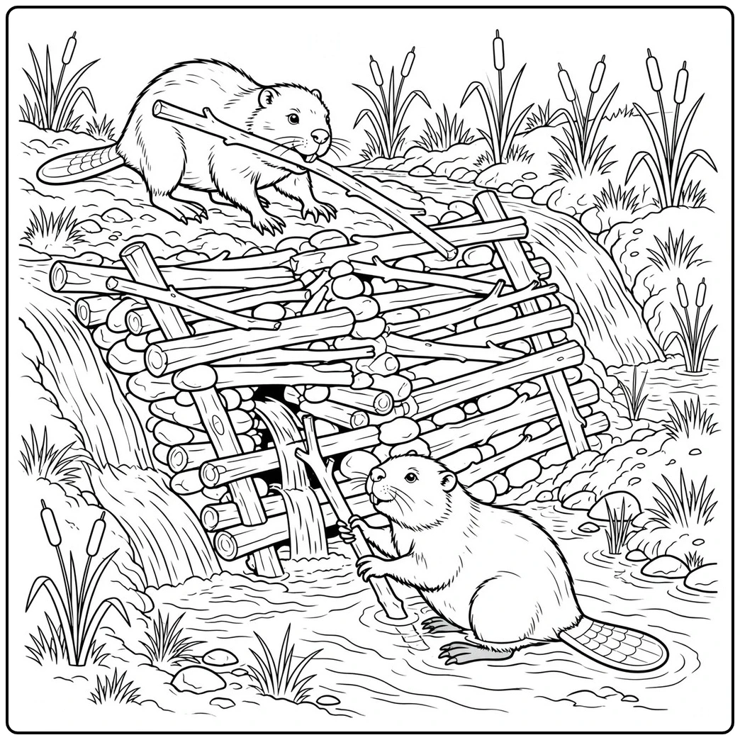 Two beavers position branches across a rocky stream dam, one above and one in shallow water.