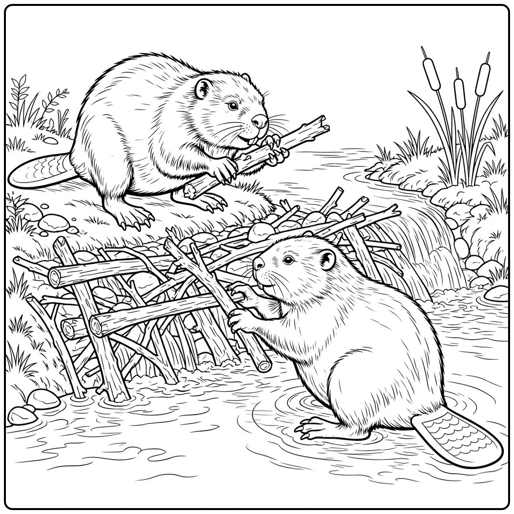 Two beavers arrange branches at a stream dam, one on shore and one in shallow water.